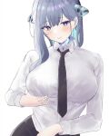  1girl black_necktie black_pants blue_eyes blue_hair breasts chainsaw_man collared_shirt cosplay dullahan fiery_hair highres horns large_breasts makima_(chainsaw_man) makima_(chainsaw_man)_(cosplay) necktie office_lady pants prism_project rikudou_yura rikudou_yura_(artist) shirt solo symbol-shaped_pupils virtual_youtuber x-shaped_pupils x_x 