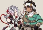  2girls animal_on_shoulder animification apex_legends aqua_jacket bat_(animal) black_gloves blood_moon_catalyst brown_background brown_eyes brown_hair cable catalyst_(apex_legends) crescent crescent_earrings dark-skinned_female dark_skin earrings echo_(apex_legends) fingerless_gloves gloves grey_hair grey_shirt hair_over_one_eye jacket jewelry multicolored_hair multiple_girls official_alternate_costume one_eye_covered pink_hair purple_eyes red_hair riku_(ururi7610) scarf shirt short_hair smile streaked_hair vantage_(apex_legends) white_scarf 