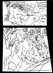  anthro clothed clothing comic dialogue dinosaur duo english_text female hair hat headgear headwear hi_res horn jojo&#039;s_bizarre_adventure judee_(snootgame) meme menacing_(meme) monochrome puppet reptile scalie schizo_chan_(snoot_game) sketch snoot_game_(fan_game) text unknown_artist video_games 