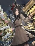  1girl animal_ears breath brown_hair building christmas christmas_tree coat commentary crowd grey_coat hair_over_one_eye highres horse_ears horse_girl horse_tail long_hair long_sleeves looking_at_viewer night night_sky open_mouth outdoors purple_eyes rice_shower_(umamusume) sky solo_focus tail the_olphy umamusume w_arms 
