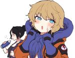  2girls animification apex_legends bangs black_hair blonde_hair blue_bodysuit blue_eyes blue_gloves blush bodysuit bottle breasts gloves hair_bun holding holding_bottle hood hood_down jacket medium_breasts multiple_girls open_mouth orange_jacket ribbed_bodysuit riku_(ururi7610) scar scar_on_cheek scar_on_face short_hair single_hair_bun sweatdrop water_bottle wattson_(apex_legends) white_background white_bodysuit wraith_(apex_legends) 