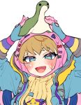  1girl :d apex_legends bangs blonde_hair blue_eyes blue_gloves blue_jacket blush bodysuit gloves holding holding_stuffed_toy jacket kawaii_voltage_wattson official_alternate_costume open_mouth pink_headwear portrait ribbed_bodysuit riku_(ururi7610) scar scar_on_cheek scar_on_face smile solo stuffed_toy wattson_(apex_legends) white_background yellow_bodysuit 