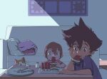  biting brother_and_sister brown_hair cat couch digimon eating fangs food food_in_mouth fruit hair_between_eyes hamoo8686 highres koromon open_mouth outdoors siblings sleeping watermelon yagami_hikari yagami_taichi 