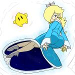  1girl aqua_dress aqua_eyes ass bare_legs blonde_hair blue_dress crown dress earrings hair_over_one_eye high_heels highres jewelry long_hair long_sleeves luma_(mario) mario_(series) mini_crown off-shoulder_dress off_shoulder rosalina sleeves_past_wrists star_(symbol) star_earrings star_wand wand 