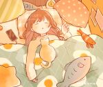  1girl absurdres animal_ears arm_rest artist_name bangs bedroom blanket brown_hair bulletin_board cable cat cat_ears cellphone charging_device clock closed_eyes dotted_line egg_print hair_flowing_over hand_rest head_on_pillow highres indoors long_hair lupinus4869 lying on_back on_bed original paper parted_lips pastel_colors phone photo_(object) pillow polka_dot_pillow romaji_text scenery sleeping smartphone star_pillow striped_pillow stuffed_animal stuffed_fish stuffed_shrimp stuffed_toy twitter_username watermark 