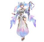  1girl ahoge aqua_hair bangs bare_shoulders breasts fire_emblem fire_emblem_heroes floating floating_object full_body gradient_clothes green_hair highres holding holding_staff jewelry large_breasts multicolored_eyes multicolored_hair official_art open_pants pants puffy_pants purple_hair seidr_(fire_emblem) short_hair simple_background skindentation smile solo staff standing thick_thighs thigh_strap thighs tight white_background yoshiku_(oden-usagi) 