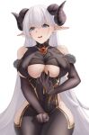  1girl absurdres albion_(azur_lane) albion_(silvermoon_faerie_princess)_(azur_lane) azur_lane bare_hips black_bodysuit black_gloves black_horns blue_eyes blush bodysuit breasts clothing_cutout covered_nipples curled_horns elbow_gloves fur-trimmed_gloves fur_trim gem gloves gold_trim highres horns huge_breasts long_hair nya_cot official_alternate_costume pointy_ears red_gemstone simple_background underboob underboob_cutout very_long_hair white_background white_hair 
