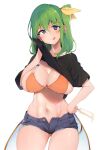  1girl alternate_costume ase_(nigesapo) blue_eyes breasts daiyousei fairy_wings food green_hair ice_cream large_breasts navel short_hair short_shorts shorts side_ponytail solo touhou wings 