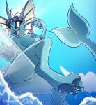  anthro big_breasts blue_body breasts butt day eeveelution female generation_1_pokemon genitals hi_res nintendo nipples open_mouth orias_art outside pokemon pokemon_(species) pokemorph pussy sitting solo thick_thighs vaporeon video_games 