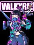  1girl apex_legends aqua_jacket black_background black_hair blue_pants character_name clothing_cutout covered_mouth cowboy_shot cropped_jacket fluorescent_tech_valkyrie gloves highres holding holding_polearm holding_weapon jacket jetpack lance looking_at_viewer mask mouth_mask multicolored_hair navel official_alternate_costume pants polearm ponytail purple_gloves purple_hair riku_(ururi7610) shoulder_cutout solo streaked_hair suzaku_(apex_legends) valkyrie_(apex_legends) weapon 
