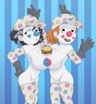  absurd_res big_breasts bigtop_burger billie_(bigtop_burger) bodypaint breast_squish breasts burger clown clown_nose duo face_paint female female/female food gesture hi_res human mammal not_furry penny_(bigtop_burger) polka_dots razbunny squish stripes v_sign 