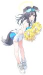  1girl absurdres animal_ears bangs bare_legs black_hair blue_archive blue_eyes blush bright_pupils cheerleader commentary dog_ears dog_girl dog_tail embarrassed eyewear_on_head from_side full_body halo hibiki_(blue_archive) hibiki_(cheerleader)_(blue_archive) highres joker_(tomakin524) leaning_forward looking_at_viewer medium_hair pleated_skirt pom_pom_(cheerleading) shoes sidelocks simple_background skirt sneakers solo standing star_sticker sticker_on_arm sunglasses tail two-tone_skirt wavy_mouth white_background white_footwear white_pupils white_skirt 