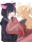  2girls animal_ears bag bangs black_hair blonde_hair blue_archive blush cheek_pull closed_eyes hair_ribbon heart highres hood hood_down hooded_jacket jacket kazusa_(blue_archive) long_hair long_sleeves multiple_girls open_mouth pink_hair ran_(bearsoymilk) red_eyes red_jacket ribbon short_hair simple_background sparkle spoken_heart spoken_squiggle squiggle track_jacket twintails upper_body white_background yoshimi_(blue_archive) 