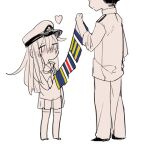  1boy 1girl admiral_(kancolle) blue_eyes blue_skirt flag grey_hair hat hibiki_(kancolle) kantai_collection long_hair looking_at_viewer lowres military military_hat military_jacket military_uniform miniskirt neck_ribbon open_mouth red_ribbon ribbon sailor_collar school_uniform serafuku signal_flag simple_background skirt smile solo uniform white_serafuku zizi_(zizioxo) 