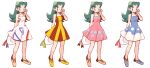  1girl alternate_costume blue_dress character_print closed_mouth collarbone commentary_request dress full_body green_eyes green_hair hand_up hat hat_removed headwear_removed holding hsngamess kris_(pokemon) long_hair multiple_views pink_dress pokemon pokemon_(game) pokemon_gsc shoes simple_background sleeveless sleeveless_dress standing white_background white_dress white_headwear 
