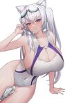  bottle breasts cleavage cleavage_cutout clothing_cutout goggles goggles_on_head highres holding holding_hair large_breasts light_smile long_hair looking_at_viewer navel one-piece_swimsuit original plaster_(2501) purple_eyes sideboob simple_background skin_tight swimsuit thick_thighs thighs twintails water_bottle wet white_background white_hair white_one-piece_swimsuit 