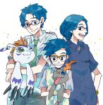  blue_hair blue_shirt child digimon digimon_(creature) digimon_adventure digimon_adventure_02 digimon_adventure_tri. gomamon green_eyes happy kido_jou komarou_(4km_ro) necktie open_mouth orange_fur pukamon shirt simple_background teeth variations white_background 