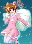  1girl :d bangs blue_eyes boots brown_hair commentary dress floating hair_ribbon hat highres holding holding_sack legs_up long_sleeves looking_at_viewer lyrical_nanoha mahou_shoujo_lyrical_nanoha medium_dress mini_hat mini_santa_hat night open_mouth outdoors over_shoulder pink_dress pink_footwear pink_headwear pink_ribbon ribbon sack santa_boots santa_dress santa_hat short_hair smile snowing solo takamachi_nanoha thighhighs tilted_headwear twintails white_thighhighs yorousa_(yoroiusagi) 