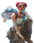  1girl apex_legends artist_name bangs blue_gloves boots brown_footwear d.o.c._health_drone dark-skinned_female dark_skin detached_sleeves double_bun english_commentary gloves grey_headband grey_tank_top hair_behind_ear hair_bun headband highres invisible_chair lifeline_(apex_legends) looking_at_viewer midriff_peek non-humanoid_robot one_eye_closed red_hair robot simple_background sitting solo tank_top ukabare white_background 