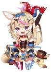  1girl :d ahoge animal_ear_fluff animal_ears arms_up asymmetrical_legwear backpack bag bangs black_hair blonde_hair blush detached_sleeves dress facial_mark fox_ears fox_tail gloves hair_ornament hat highres hololive jester_cap long_hair looking_at_viewer mismatched_legwear multicolored_hair noi_mine omaru_polka photoshop_(medium) pink_hair red_gloves single_detached_sleeve smile solo streaked_hair striped striped_dress striped_thighhighs tail thighhighs vertical-striped_thighhighs vertical_stripes virtual_youtuber x_hair_ornament zain_(omaru_polka) 