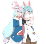  1boy 1girl alternate_costume animal_ears blue_hoodie chirun0 cosplay crossdressing extra_ears gawr_gura gawr_gura_(cosplay) grusha_(pokemon) hololive hololive_english hood hoodie iono_(pokemon) long_sleeves pokemon pokemon_(game) pokemon_sv rabbit_ears rabbit_girl sharp_teeth teeth usada_pekora usada_pekora_(cosplay) virtual_youtuber wide_sleeves 