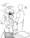  anon_(snoot_game) anthro bald clothed clothing dialogue dinosaur english_text featureless_face female hair hi_res human laundry long_hair long_snout male mammal monochrome reptile rexhastala scalie schizo_chan_(snoot_game) simple_background sketch snout solo text white_background 