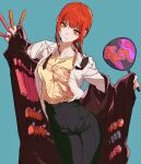  1girl absurdres badge black_necktie black_pants bloom_into_me15 blue_background braid button_badge chainsaw_devil chainsaw_man character_doll collared_shirt glowstick hand_fan highres holding holding_fan makima_(chainsaw_man) necktie pants pochita_(chainsaw_man) red_eyes red_hair ringed_eyes shirt simple_background solo trench_coat white_shirt 