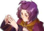  1girl aduti_momoyama bernadetta_von_varley breasts capelet cleavage fire_emblem fire_emblem:_three_houses fire_emblem_warriors:_three_hopes grey_eyes hands_up highres long_sleeves parted_lips purple_hair short_hair simple_background solo topknot white_background yellow_capelet 