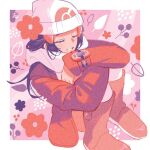  1girl beanie black_hair blush boots border closed_eyes coat commentary_request dawn_(pokemon) eyelashes hair_ornament hairclip hat long_hair long_sleeves omyo_(myomyomyo22) pokemon pokemon_(game) pokemon_dppt pokemon_platinum scarf signature sitting smile solo white_border white_headwear white_scarf 