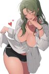  1girl black_shorts blush borrowed_garments breasts cleavage clothes_lift collared_shirt dolphin_shorts dress_shirt green_hair hand_to_own_mouth heart highres large_breasts long_hair lvemhrd midriff_peek navel open_clothes open_shirt original scar scar_on_cheek scar_on_face shirt shirt_lift shorts solo thighs white_background white_shirt 