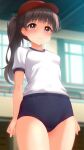  1girl arms_at_sides bangs baseball_cap blue_buruma blurry blurry_background blush breasts brown_eyes brown_hair buruma clenched_hands closed_mouth collarbone commentary_request commission cowboy_shot day embarrassed gym_uniform hat have_to_pee highres indoors irori_(irorixc) long_hair looking_at_viewer nervous original panties panty_peek ponytail raised_eyebrows red_headwear shiny shiny_hair shirt short_sleeves sidelocks skeb_commission small_breasts solo standing sweat tears thighs trembling underwear white_panties white_shirt window 