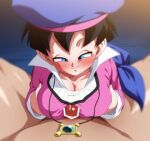  1boy 1girl black_hair blue_eyes blush breasts closed_mouth dragon_ball dragon_ball_z gat_(korean_traditional_hat) grabbing_own_breast half-closed_eyes hetero jewelry looking_at_penis looking_down necklace paizuri paizuri_under_clothes penis pov rom_(20) short_hair smile solo_focus videl 