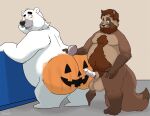  2022 anthro balls belly big_belly big_butt black_body bravo brown_body brown_fur butt canid canine duo erection eyewear fur genitals glasses halloween hi_res holidays male male/male mammal mature_male overweight overweight_male penis polar_bear raccoon_dog tanuki ursid ursine 