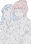  2girls aduti_momoyama bangs blue_hair blunt_bangs breasts center_frills cleavage earrings fire_emblem fire_emblem:_three_houses fire_emblem_warriors:_three_hopes frills grey_eyes hair_bun hands_up highres hilda_valentine_goneril hoop_earrings hug hug_from_behind jewelry light_blue_hair long_hair long_sleeves marianne_von_edmund multiple_girls open_mouth pink_eyes pink_hair short_hair simple_background single_hair_bun smile spot_color tassel turtleneck wavy_hair white_background 