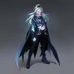  1girl abstract_background arm_behind_back armor bangs blood blood_on_face blue_cape blue_shawl blue_skin blue_theme boyang_zhu braid breasts cape clenched_hand closed_mouth colored_skin concept_art dongho_kang dota_(series) dota_2 drow_ranger_(dota) drow_ranger_(dread_retribution)_(dota) english_commentary floating_hair full_body glowing glowing_eyes glowing_skin grey_background hair_between_eyes high_ponytail highres ice large_breasts legs_apart long_hair looking_at_viewer midriff multi-tied_hair navel official_alternate_costume official_art popped_collar red_eyes shadow shawl shoulder_armor solo standing tachi-e white_hair 