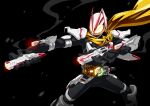  1boy armor black_background black_bodysuit bodysuit desire_driver driver_(kamen_rider) dual_wielding fever_buckle fever_magnum_form fox glowing glowing_eyes gun highres holding kamen_rider kamen_rider_geats kamen_rider_geats_(series) leg_armor magnum_shooter_40x male_focus otokamu rider_belt scarf shoulder_armor smoke smoke_trail smoking_gun spread_legs thighs tokusatsu weapon white_armor yellow_eyes 