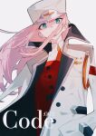  1girl aoi_(altea0923) closed_mouth coat coat_on_shoulders commentary darling_in_the_franxx green_eyes hat highres long_hair looking_at_viewer looking_down necktie orange_necktie peaked_cap pink_hair red_eyeliner red_shirt shirt simple_background solo standing upper_body white_background white_coat white_headwear zero_two_(darling_in_the_franxx) 