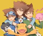  agumon botamon brown_eyes brown_hair digimon digimon_adventure digimon_adventure_02 digimon_adventure_tri. fangs green_eyes happy heart huan_li koromon one_eye_closed open_mouth school_uniform simple_background variations yagami_taichi yellow_background 