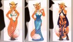  anthro bikini blonde_hair blush breasts canid canine cleavage clothed clothing dress embarrassed female fox fur hair hi_res jewelry mammal nanihoo necklace ponytail red_body red_fur shemeshka_the_marauder_(planescape) skimpy solo swimwear tagme 