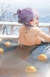  1girl :d absurdres back bangs bare_tree bbakasatang blush breasts food from_behind fruit highres large_breasts looking_at_viewer multicolored_hair nude original partially_submerged purple_hair red_eyes smile snow solo tree two-tone_hair wet white_hair yuzu_(fruit) yuzu_bath 