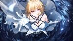  1girl arcueid_brunestud bangs blonde_hair blush breasts fate/grand_order fate_(series) grin herigaru_(fvgyvr000) highres large_breasts looking_at_viewer outstretched_arm red_eyes short_hair smile solo tsukihime 