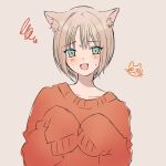  1girl :d animal_ears blue_eyes blush brown_hair cat_ears chisumi fangs grey_background long_sleeves looking_at_viewer orange_sweater original short_hair simple_background smile solo squiggle sweater 