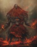  1boy beard burning elden_ring extra_eyes extra_mouth extra_noses facial_hair fire fire_giant_(elden_ring) highres long_beard monster open_mouth red_hair shimhaq solo third_eye 