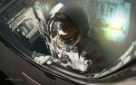  1girl astronaut black_hair hand_on_window highres indoors looking_outside orange_eyes original solo space space_helmet space_station spacecraft spacesuit window xilmo 