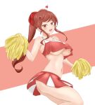  1girl :d artist_request ass bad_link blush bow breasts brown_hair cleavage drawfag hair_bow hair_ornament hair_stick highres large_breasts long_hair looking_at_viewer makeup miniskirt navel pom_pom_(cheerleading) ponytail red_bow red_eyes sidelocks simple_background skirt smile solo standing star_(symbol) twisted_torso two-tone_background underboob yuugiri_(zombie_land_saga) zombie_land_saga 