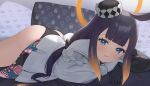  1girl bangs black_pantyhose blue_eyes gloves halo hat highres hololive hololive_english long_hair looking_at_viewer lying mini_hat ninomae_ina&#039;nis on_stomach open_mouth pantyhose pillow purple_hair s.w smile solo tentacle_hair 