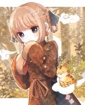  1girl absurdres animal bamboo bangs blue_eyes blue_ribbon braid brown_dress brown_ribbon china_dress chinese_clothes cloud dot_nose dress earrings foliage hair_ribbon hand_to_own_mouth highres jewelry lantern lantern_earrings leaf letterboxed light_blush light_brown_background light_brown_hair looking_to_the_side mokunoki new_year original paper_lantern ribbon signature simple_background sitting_on_cloud sleeves_past_wrists tiger tiger_cub tongue tongue_out twin_braids twitter_username very_long_sleeves white_background wide_sleeves 