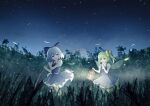  2girls absurdres ascot blue_bow blue_hair blue_skirt blue_vest blurry blurry_foreground bow cirno daiyousei detached_wings fairy_wings fireflies full_body grass green_hair hair_bow highres ice ice_wings lantern multiple_girls night outdoors scenery shirt short_hair short_sleeves side_ponytail skirt sky star_(sky) starry_sky touhou vest white_shirt wings wrainman yellow_ascot 
