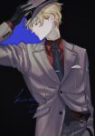  1boy bangs black_background black_gloves black_necktie blonde_hair blue_eyes character_name closed_mouth collared_shirt fedora formal gloves grey_headwear grey_jacket grey_pants grey_suit hand_in_pocket hand_on_headwear hat highres holostars jacket kishido_temma looking_to_the_side male_focus momiage_40 necktie official_alternate_costume pants parted_bangs pocket_square profile red_shirt shirt short_hair simple_background solo suit suspenders tie_clip upper_body virtual_youtuber 
