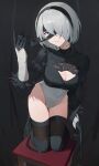  1girl absurdres bangs black_blindfold black_gloves black_thighhighs blindfold blue_eyes breasts cleavage cleavage_cutout clothing_cutout gloves highres kneeling leotard long_sleeves looking_at_viewer nier_(series) nier_automata smile solo starshell thighhighs white_hair white_leotard yorha_no._2_type_b 